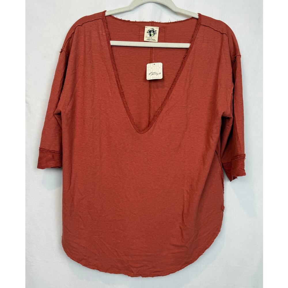 Free People NWT We The Free Hemp V-Neck Tee Bronzer Rust Size M